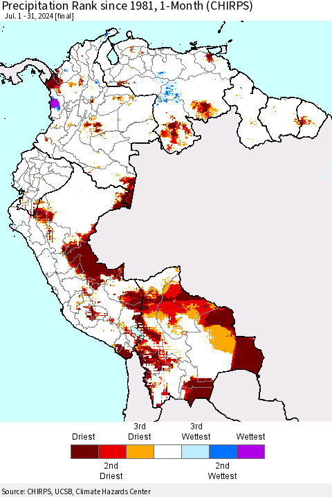 Northern South America Precipitation Rank since 1981, 1-Month (CHIRPS) Thematic Map For 7/1/2024 - 7/31/2024