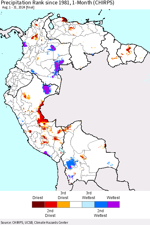 Northern South America Precipitation Rank since 1981, 1-Month (CHIRPS) Thematic Map For 8/1/2024 - 8/31/2024