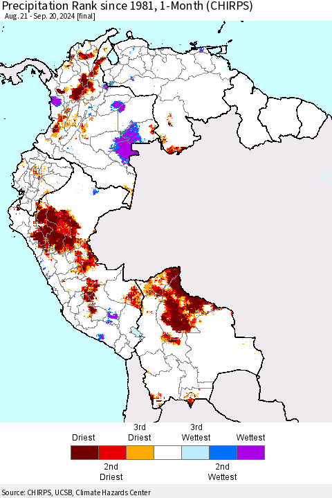 Northern South America Precipitation Rank since 1981, 1-Month (CHIRPS) Thematic Map For 8/21/2024 - 9/20/2024