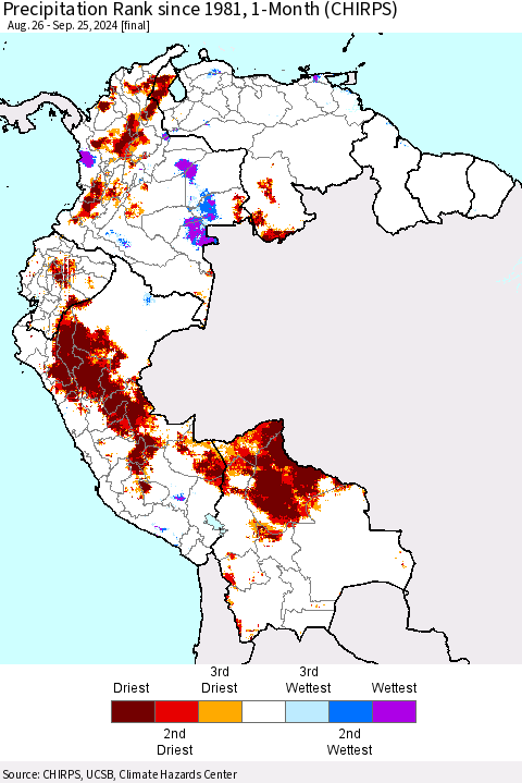 Northern South America Precipitation Rank since 1981, 1-Month (CHIRPS) Thematic Map For 8/26/2024 - 9/25/2024