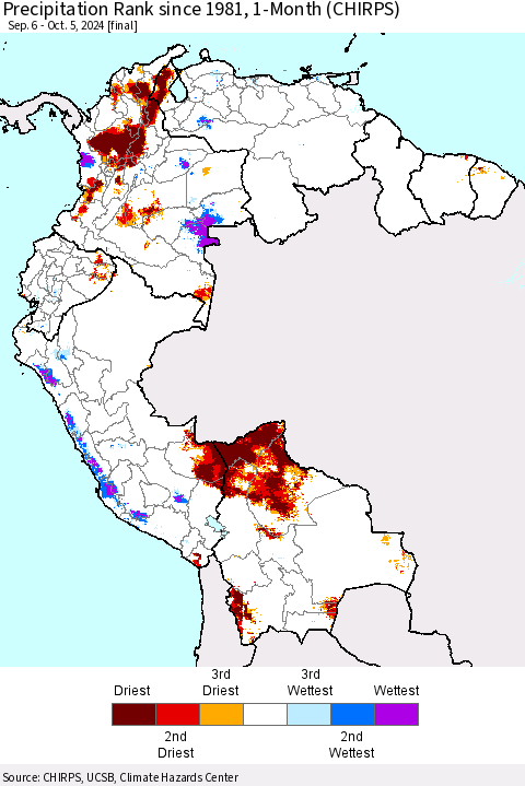 Northern South America Precipitation Rank since 1981, 1-Month (CHIRPS) Thematic Map For 9/6/2024 - 10/5/2024
