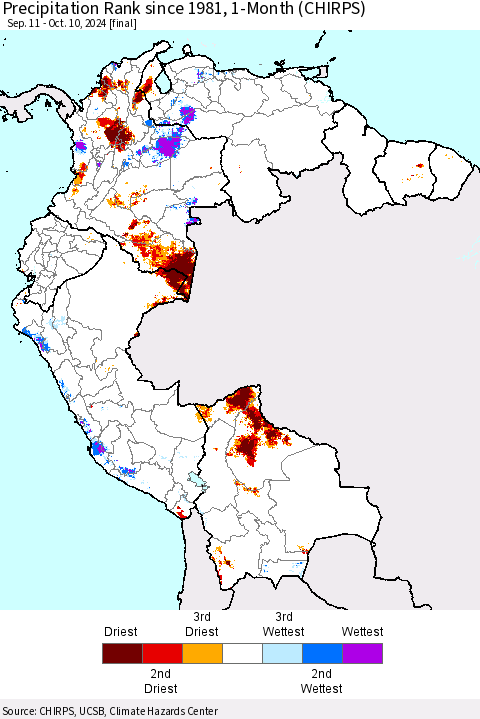 Northern South America Precipitation Rank since 1981, 1-Month (CHIRPS) Thematic Map For 9/11/2024 - 10/10/2024