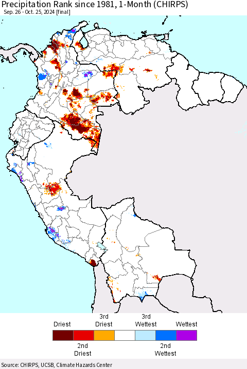 Northern South America Precipitation Rank since 1981, 1-Month (CHIRPS) Thematic Map For 9/26/2024 - 10/25/2024