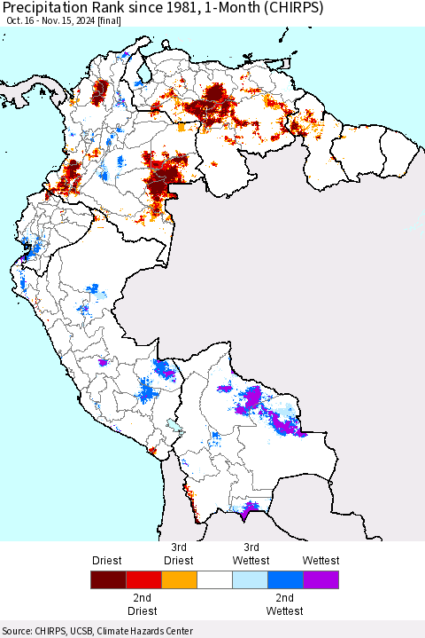 Northern South America Precipitation Rank since 1981, 1-Month (CHIRPS) Thematic Map For 10/16/2024 - 11/15/2024