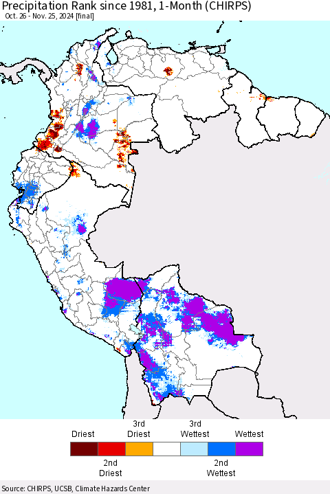 Northern South America Precipitation Rank since 1981, 1-Month (CHIRPS) Thematic Map For 10/26/2024 - 11/25/2024