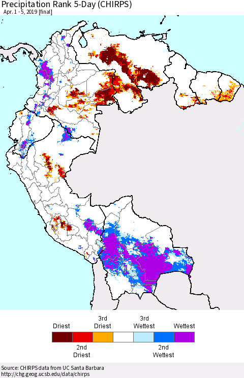 Northern South America Precipitation Rank since 1981, 5-Day (CHIRPS) Thematic Map For 4/1/2019 - 4/5/2019