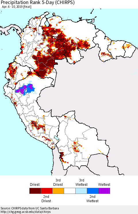 Northern South America Precipitation Rank since 1981, 5-Day (CHIRPS) Thematic Map For 4/6/2019 - 4/10/2019