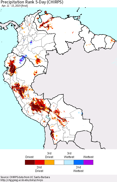 Northern South America Precipitation Rank since 1981, 5-Day (CHIRPS) Thematic Map For 4/11/2019 - 4/15/2019