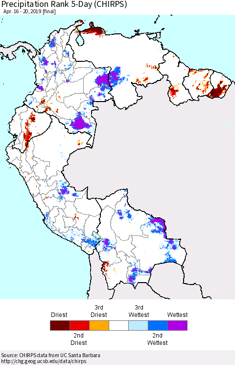 Northern South America Precipitation Rank since 1981, 5-Day (CHIRPS) Thematic Map For 4/16/2019 - 4/20/2019