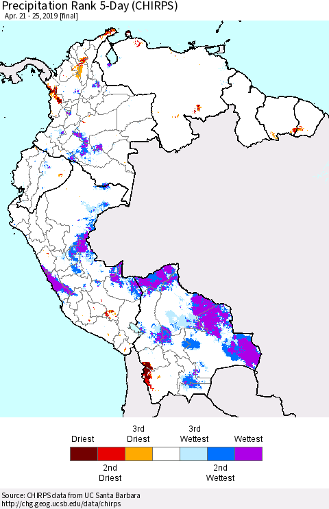 Northern South America Precipitation Rank since 1981, 5-Day (CHIRPS) Thematic Map For 4/21/2019 - 4/25/2019