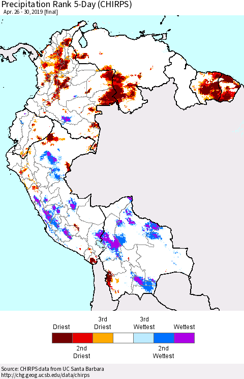 Northern South America Precipitation Rank since 1981, 5-Day (CHIRPS) Thematic Map For 4/26/2019 - 4/30/2019
