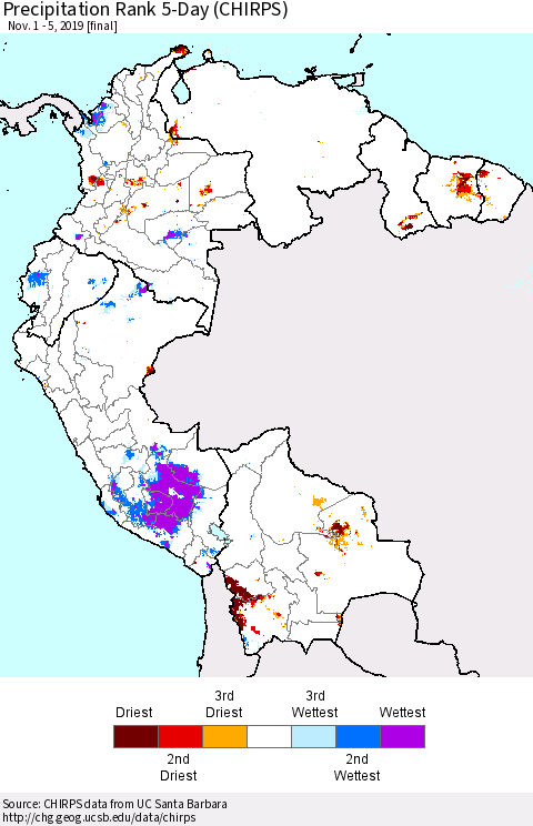 Northern South America Precipitation Rank 5-Day (CHIRPS) Thematic Map For 11/1/2019 - 11/5/2019