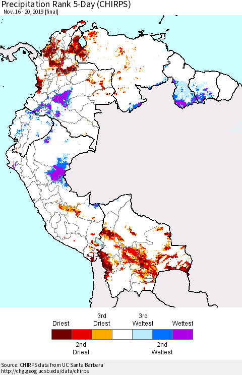 Northern South America Precipitation Rank 5-Day (CHIRPS) Thematic Map For 11/16/2019 - 11/20/2019