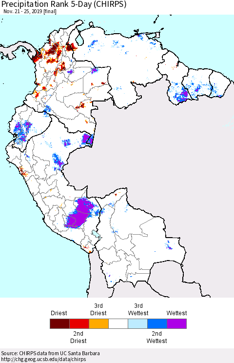 Northern South America Precipitation Rank 5-Day (CHIRPS) Thematic Map For 11/21/2019 - 11/25/2019