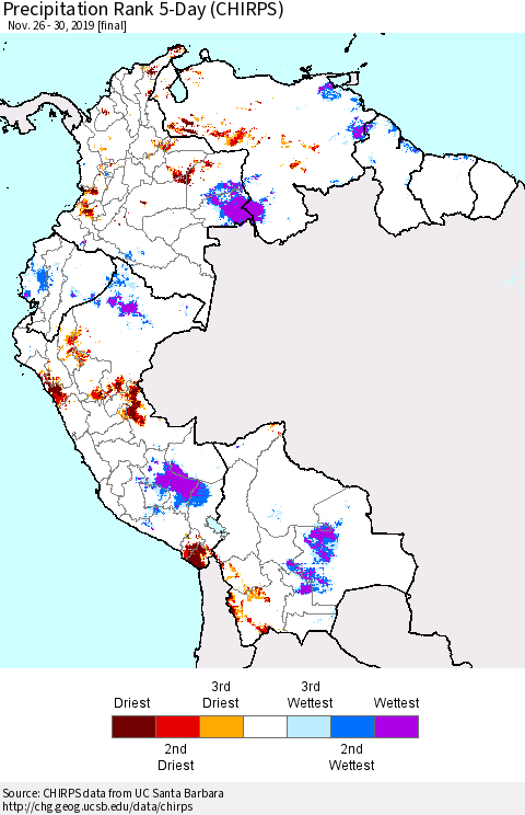 Northern South America Precipitation Rank 5-Day (CHIRPS) Thematic Map For 11/26/2019 - 11/30/2019