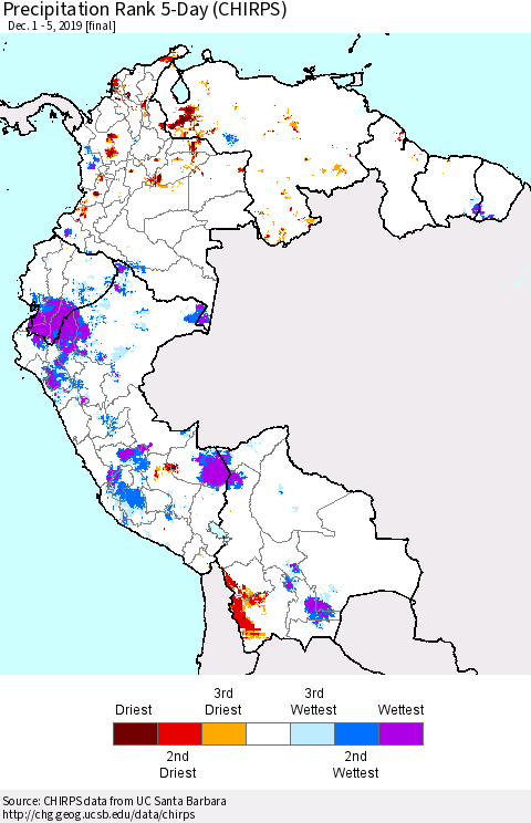Northern South America Precipitation Rank 5-Day (CHIRPS) Thematic Map For 12/1/2019 - 12/5/2019