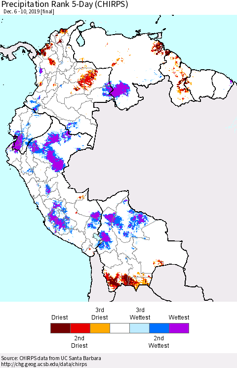 Northern South America Precipitation Rank since 1981, 5-Day (CHIRPS) Thematic Map For 12/6/2019 - 12/10/2019