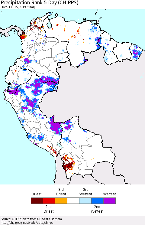 Northern South America Precipitation Rank 5-Day (CHIRPS) Thematic Map For 12/11/2019 - 12/15/2019