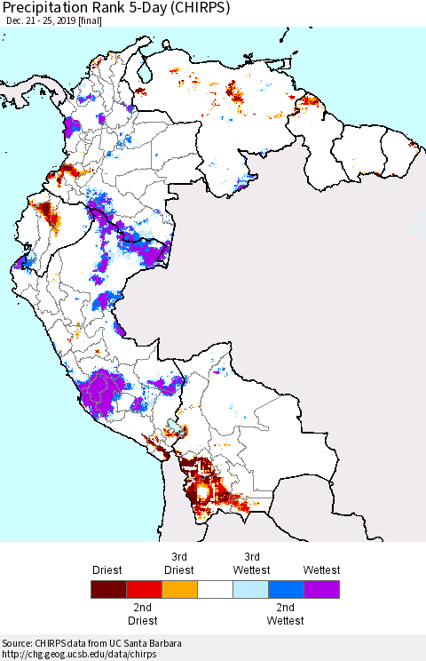 Northern South America Precipitation Rank 5-Day (CHIRPS) Thematic Map For 12/21/2019 - 12/25/2019