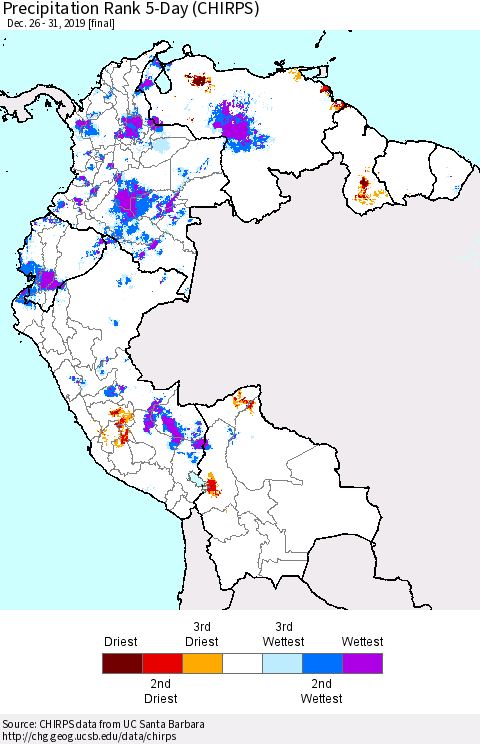 Northern South America Precipitation Rank since 1981, 5-Day (CHIRPS) Thematic Map For 12/26/2019 - 12/31/2019