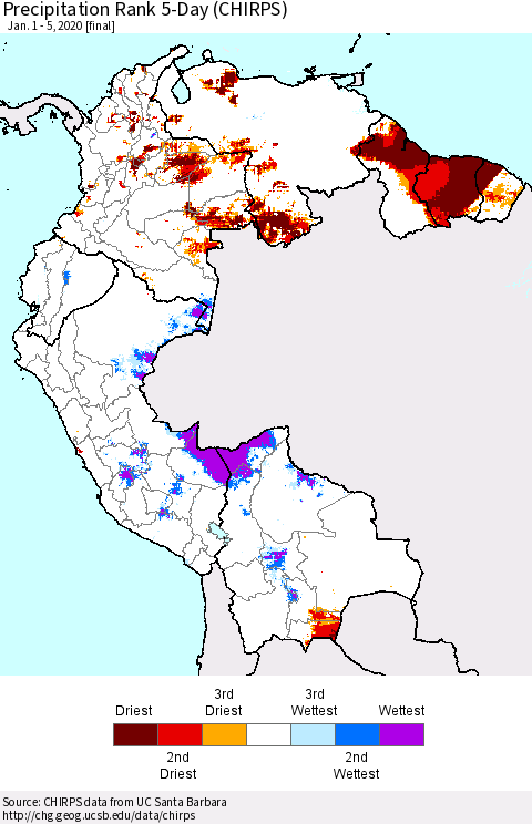 Northern South America Precipitation Rank 5-Day (CHIRPS) Thematic Map For 1/1/2020 - 1/5/2020