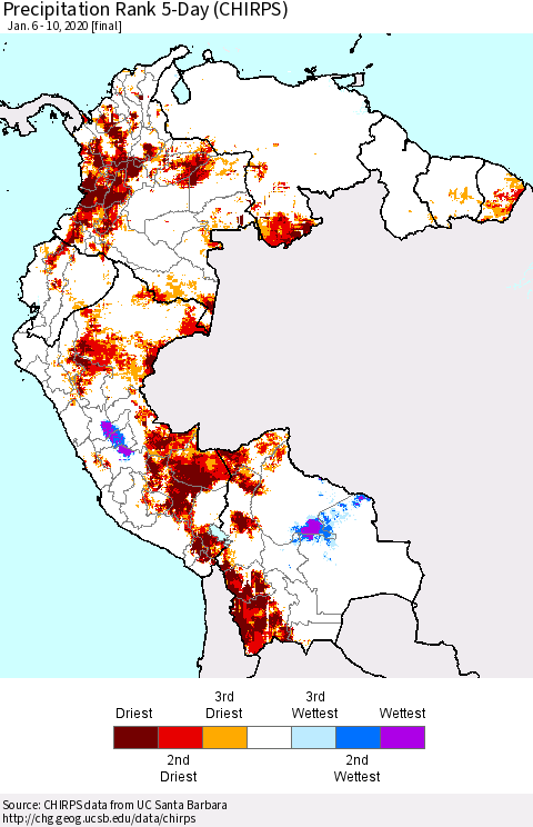 Northern South America Precipitation Rank 5-Day (CHIRPS) Thematic Map For 1/6/2020 - 1/10/2020