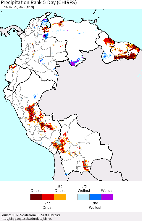Northern South America Precipitation Rank since 1981, 5-Day (CHIRPS) Thematic Map For 1/16/2020 - 1/20/2020