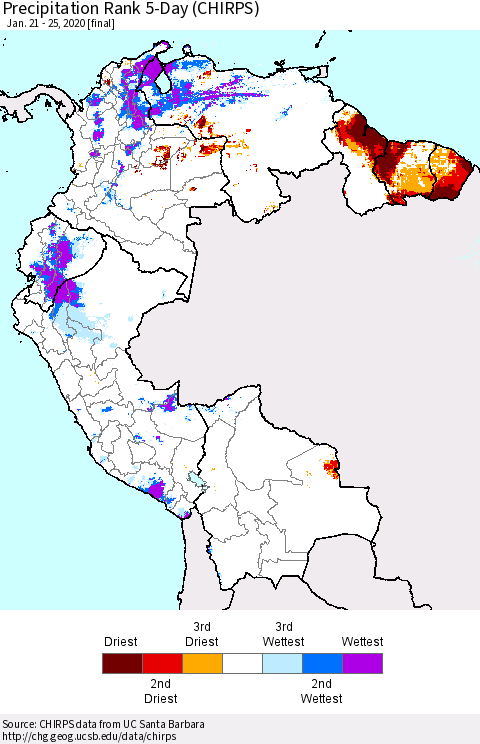 Northern South America Precipitation Rank 5-Day (CHIRPS) Thematic Map For 1/21/2020 - 1/25/2020