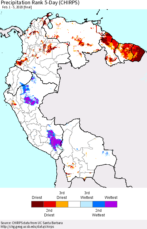 Northern South America Precipitation Rank since 1981, 5-Day (CHIRPS) Thematic Map For 2/1/2020 - 2/5/2020