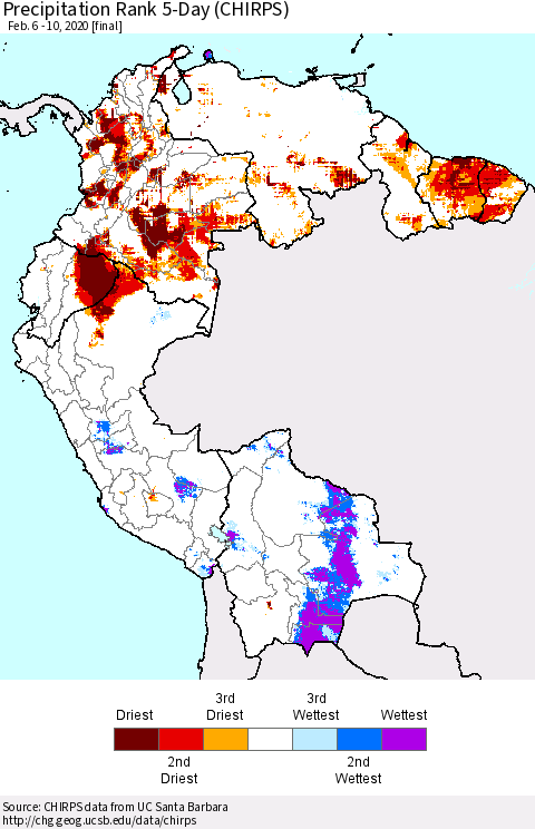 Northern South America Precipitation Rank 5-Day (CHIRPS) Thematic Map For 2/6/2020 - 2/10/2020