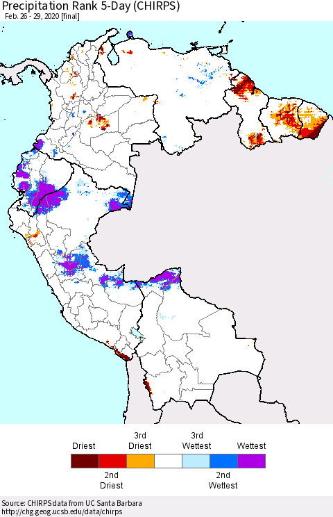Northern South America Precipitation Rank 5-Day (CHIRPS) Thematic Map For 2/26/2020 - 2/29/2020
