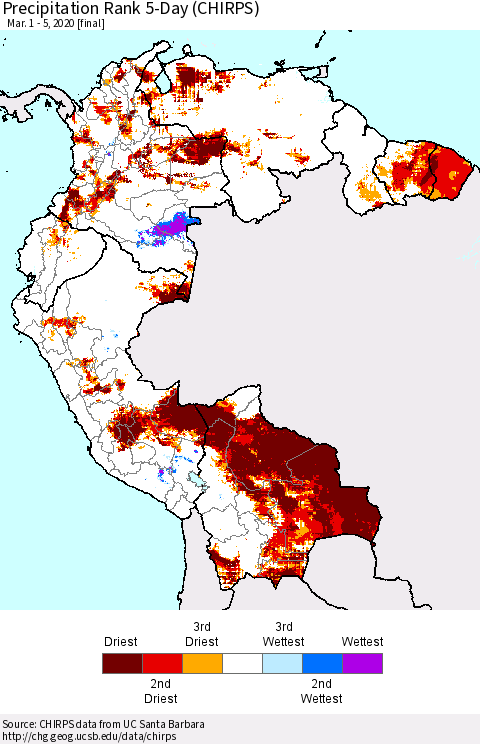 Northern South America Precipitation Rank since 1981, 5-Day (CHIRPS) Thematic Map For 3/1/2020 - 3/5/2020