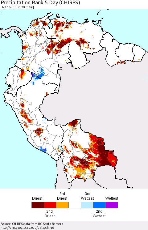 Northern South America Precipitation Rank 5-Day (CHIRPS) Thematic Map For 3/6/2020 - 3/10/2020