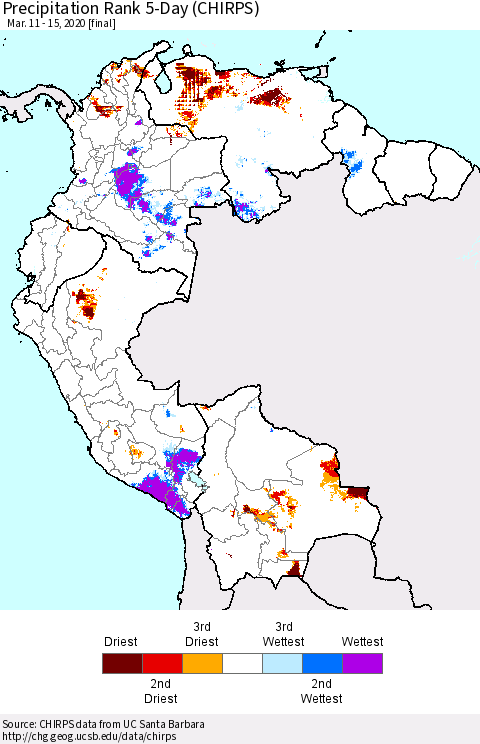 Northern South America Precipitation Rank 5-Day (CHIRPS) Thematic Map For 3/11/2020 - 3/15/2020
