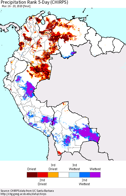 Northern South America Precipitation Rank since 1981, 5-Day (CHIRPS) Thematic Map For 3/16/2020 - 3/20/2020