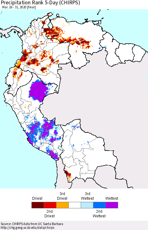 Northern South America Precipitation Rank 5-Day (CHIRPS) Thematic Map For 3/26/2020 - 3/31/2020