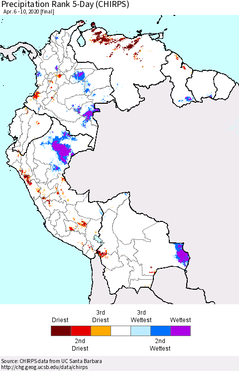 Northern South America Precipitation Rank 5-Day (CHIRPS) Thematic Map For 4/6/2020 - 4/10/2020
