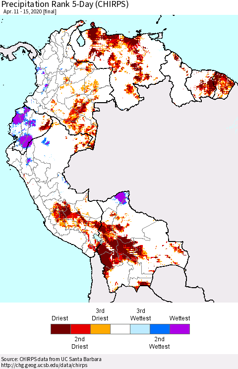 Northern South America Precipitation Rank since 1981, 5-Day (CHIRPS) Thematic Map For 4/11/2020 - 4/15/2020