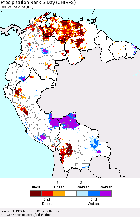 Northern South America Precipitation Rank 5-Day (CHIRPS) Thematic Map For 4/26/2020 - 4/30/2020