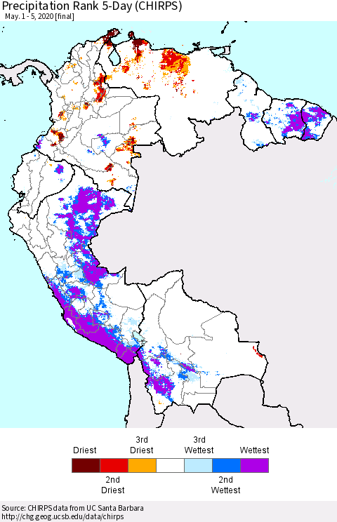 Northern South America Precipitation Rank 5-Day (CHIRPS) Thematic Map For 5/1/2020 - 5/5/2020