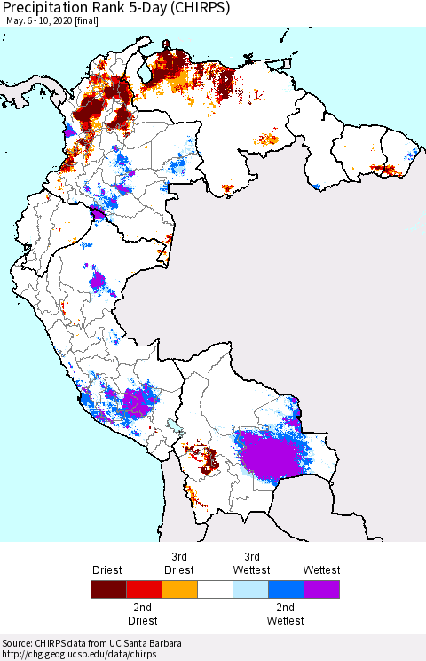 Northern South America Precipitation Rank since 1981, 5-Day (CHIRPS) Thematic Map For 5/6/2020 - 5/10/2020