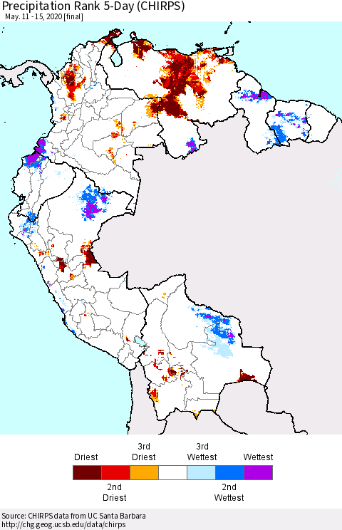 Northern South America Precipitation Rank since 1981, 5-Day (CHIRPS) Thematic Map For 5/11/2020 - 5/15/2020