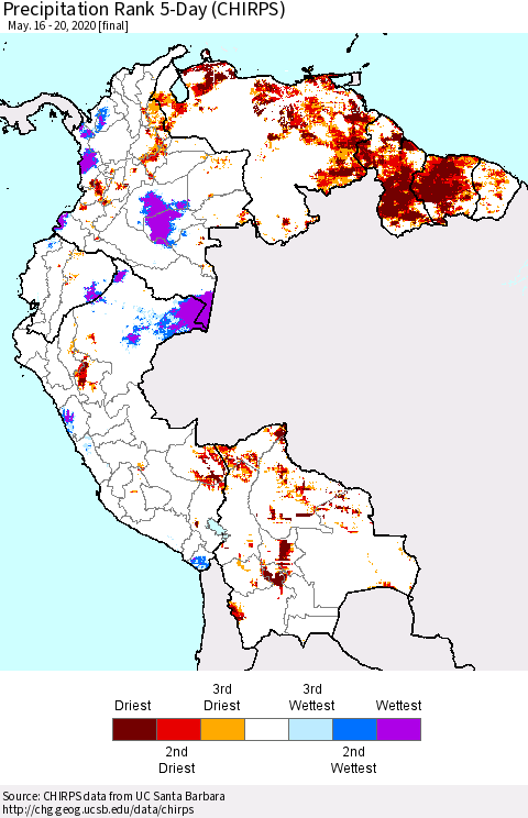 Northern South America Precipitation Rank 5-Day (CHIRPS) Thematic Map For 5/16/2020 - 5/20/2020