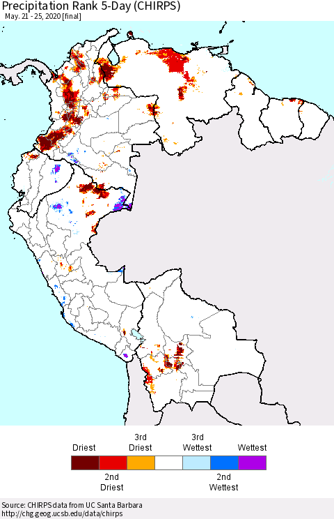 Northern South America Precipitation Rank since 1981, 5-Day (CHIRPS) Thematic Map For 5/21/2020 - 5/25/2020
