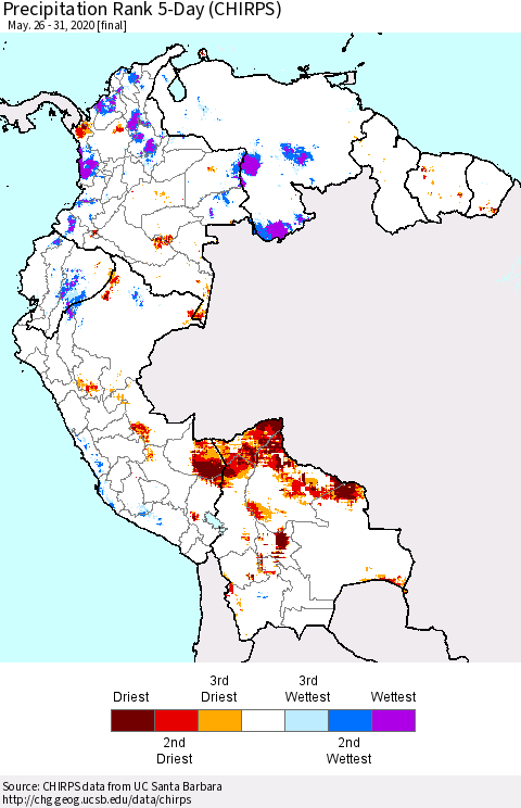 Northern South America Precipitation Rank 5-Day (CHIRPS) Thematic Map For 5/26/2020 - 5/31/2020