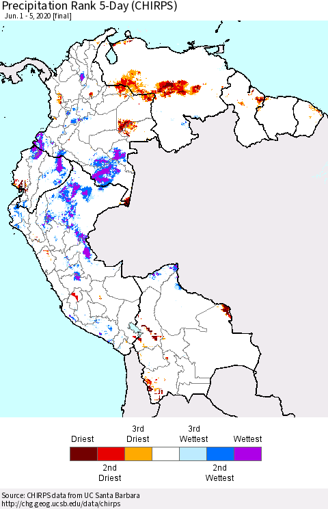 Northern South America Precipitation Rank since 1981, 5-Day (CHIRPS) Thematic Map For 6/1/2020 - 6/5/2020
