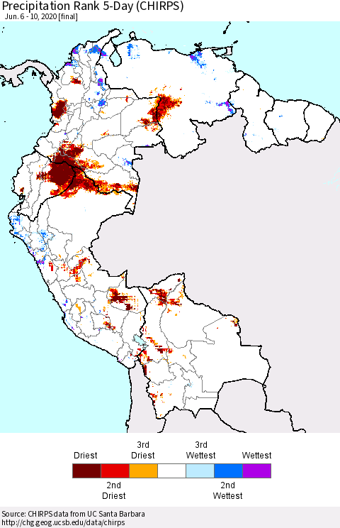 Northern South America Precipitation Rank 5-Day (CHIRPS) Thematic Map For 6/6/2020 - 6/10/2020