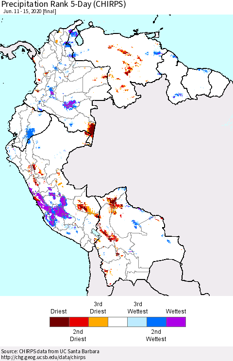 Northern South America Precipitation Rank 5-Day (CHIRPS) Thematic Map For 6/11/2020 - 6/15/2020