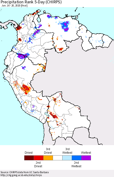 Northern South America Precipitation Rank since 1981, 5-Day (CHIRPS) Thematic Map For 6/16/2020 - 6/20/2020