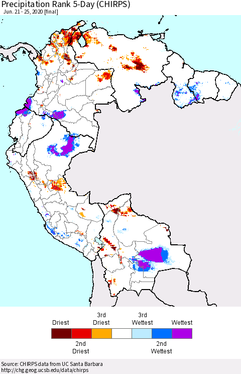 Northern South America Precipitation Rank 5-Day (CHIRPS) Thematic Map For 6/21/2020 - 6/25/2020